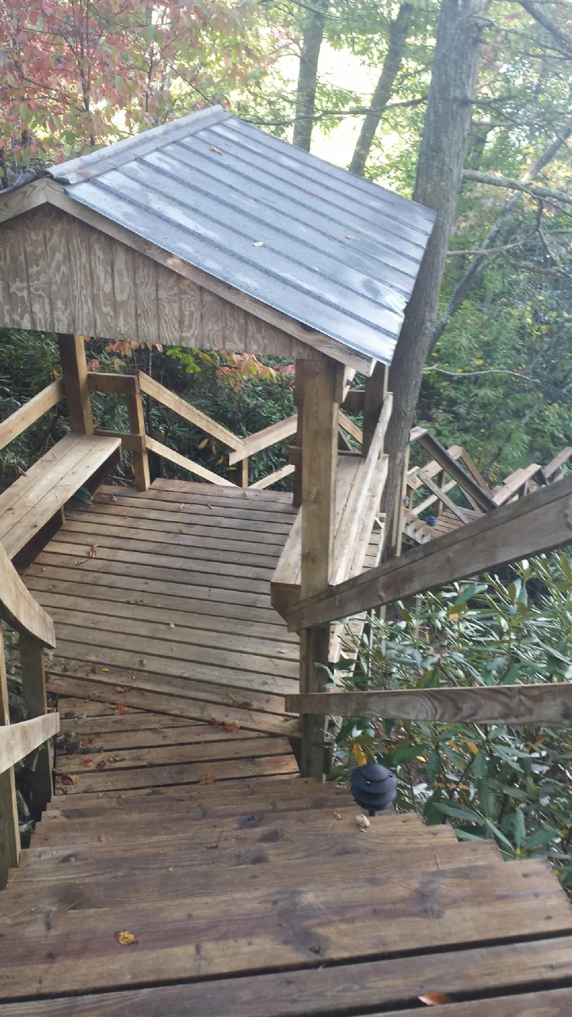 Metal roofed shelter over wooden steps on a wooded walkway — Skylight Repair & Installation work by our crew in Aredale